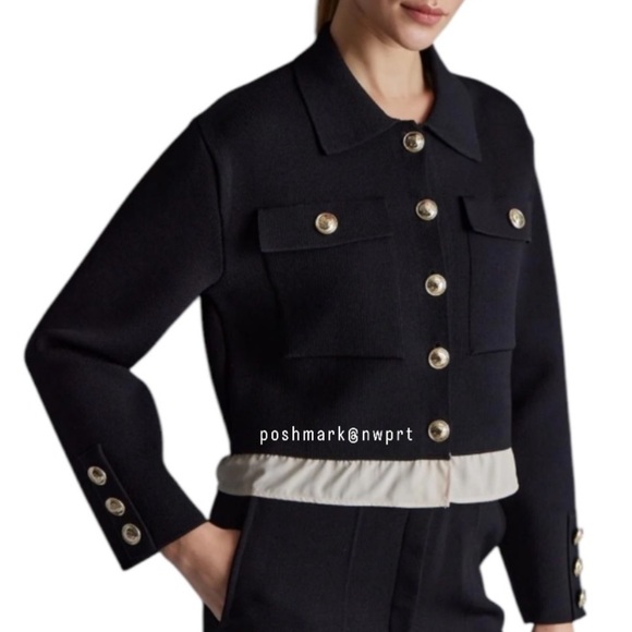 SANDRO Haylo Coatigan Ruffle Hem Knit Cardigan Sweater Jacket Black Cream XS 0 - Picture 3 of 15